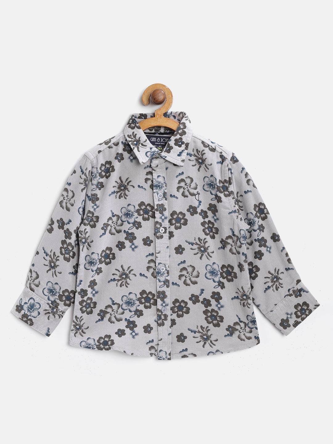 

Gini and Jony Boys Grey & Olive Green Floral Printed Couduroy Shirt