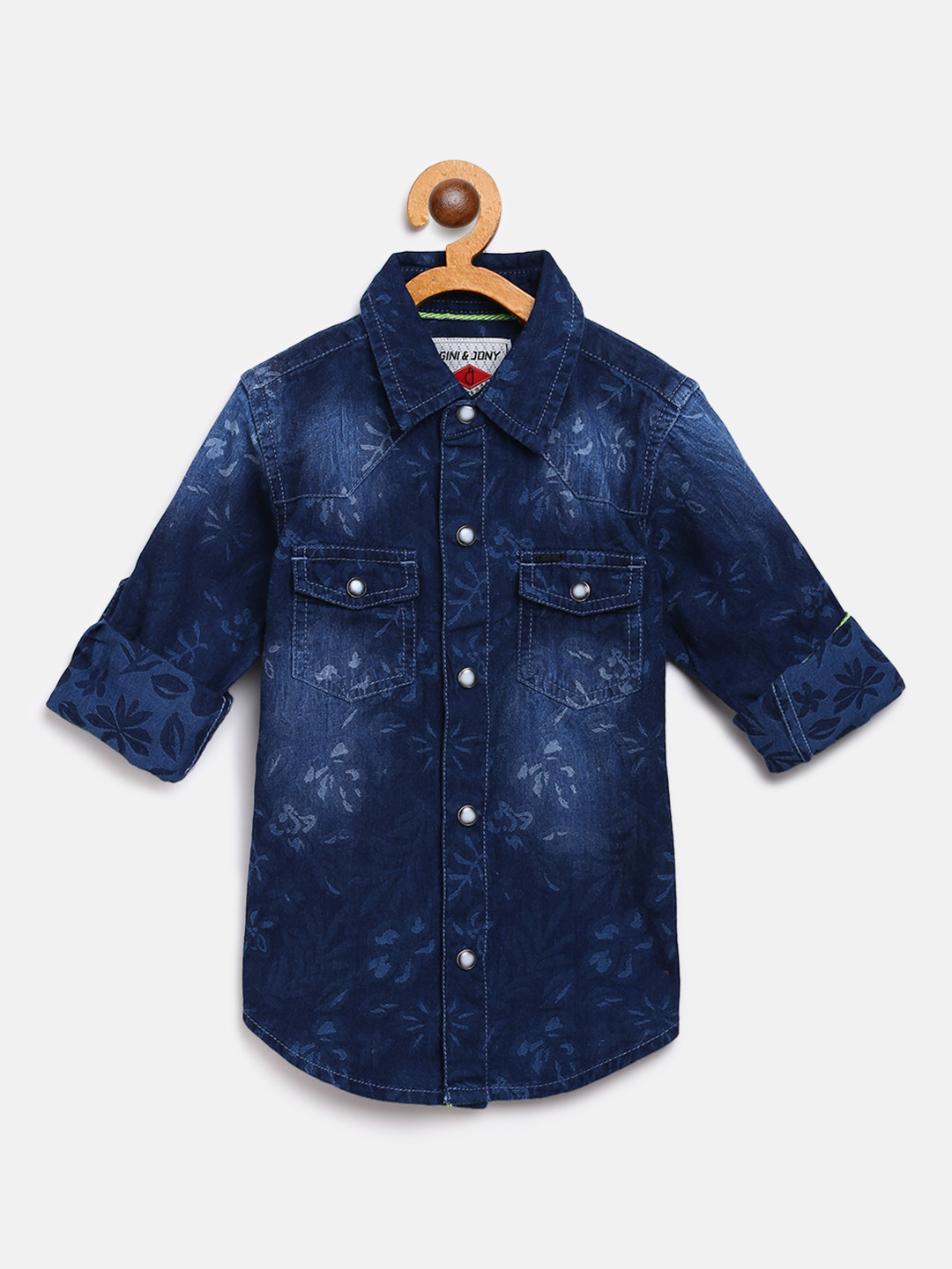 

Gini and Jony Boys Navy Blue Regular Fit Printed Denim Shirt