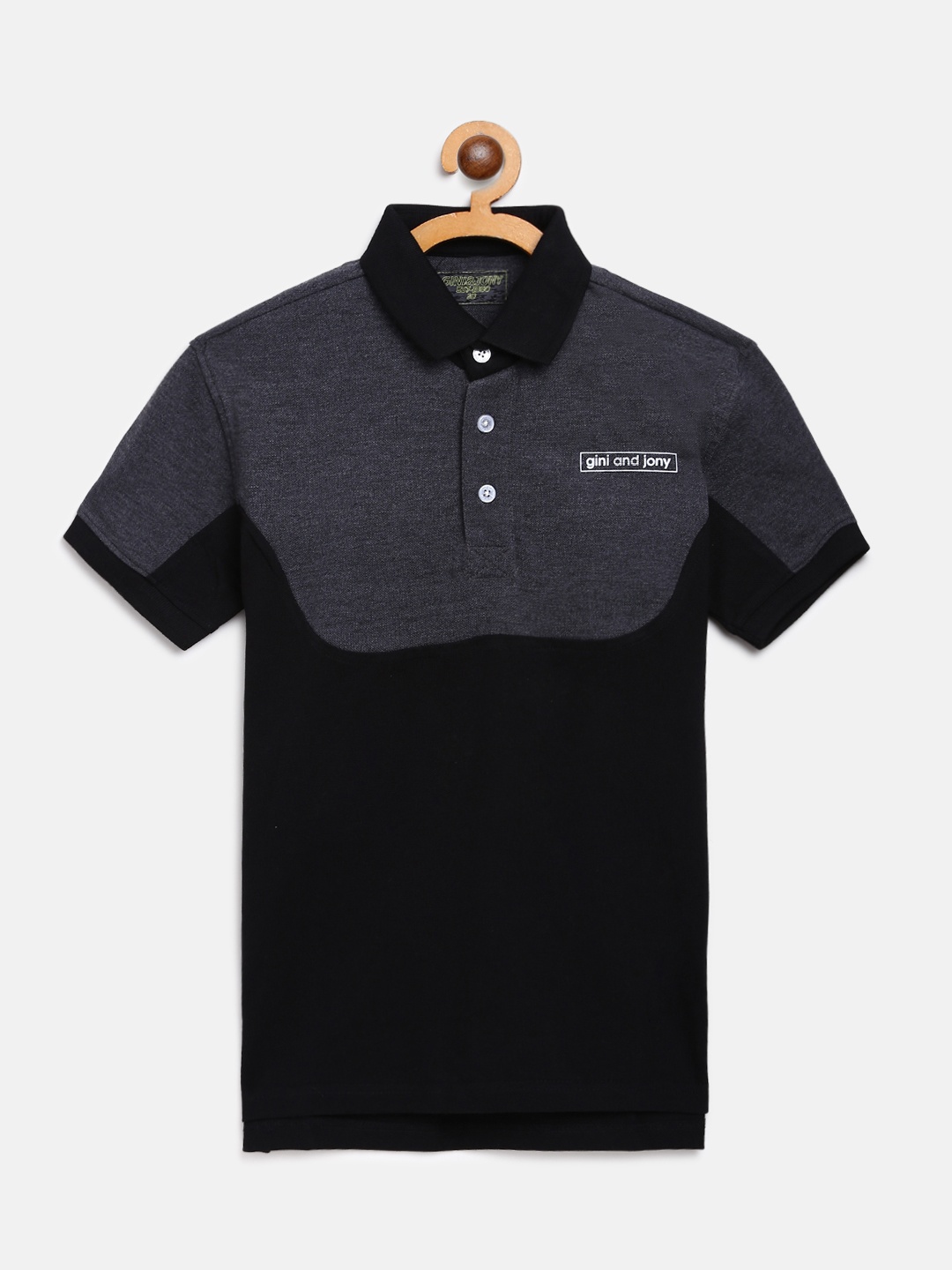

Gini and Jony Boys Charcoal Grey & Black Colourblocked Polo Collar T-shirt