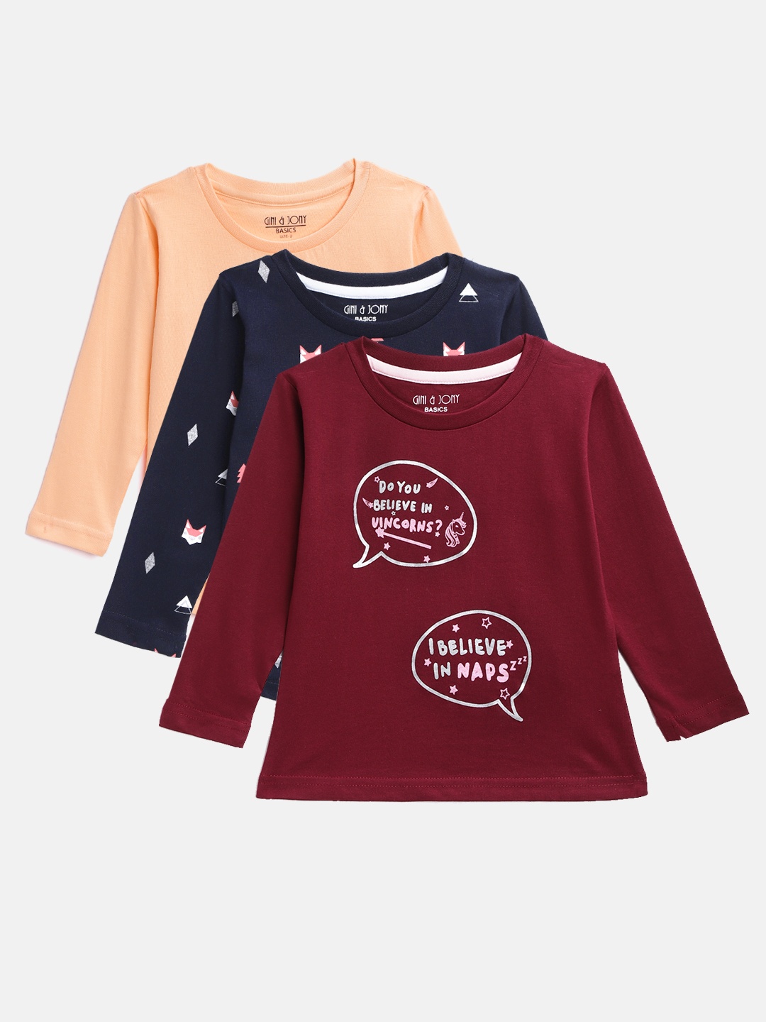 

Gini and Jony Girls Pack of 3 Printed Round Neck Pure Cotton T-shirts, Navy blue