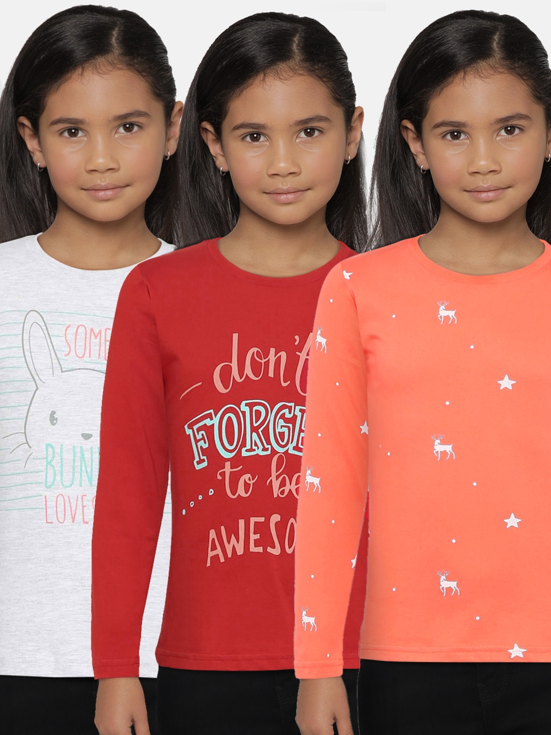 

Gini and Jony Girls Pack of 3 Printed Round Neck Pure Cotton T-shirts, Grey