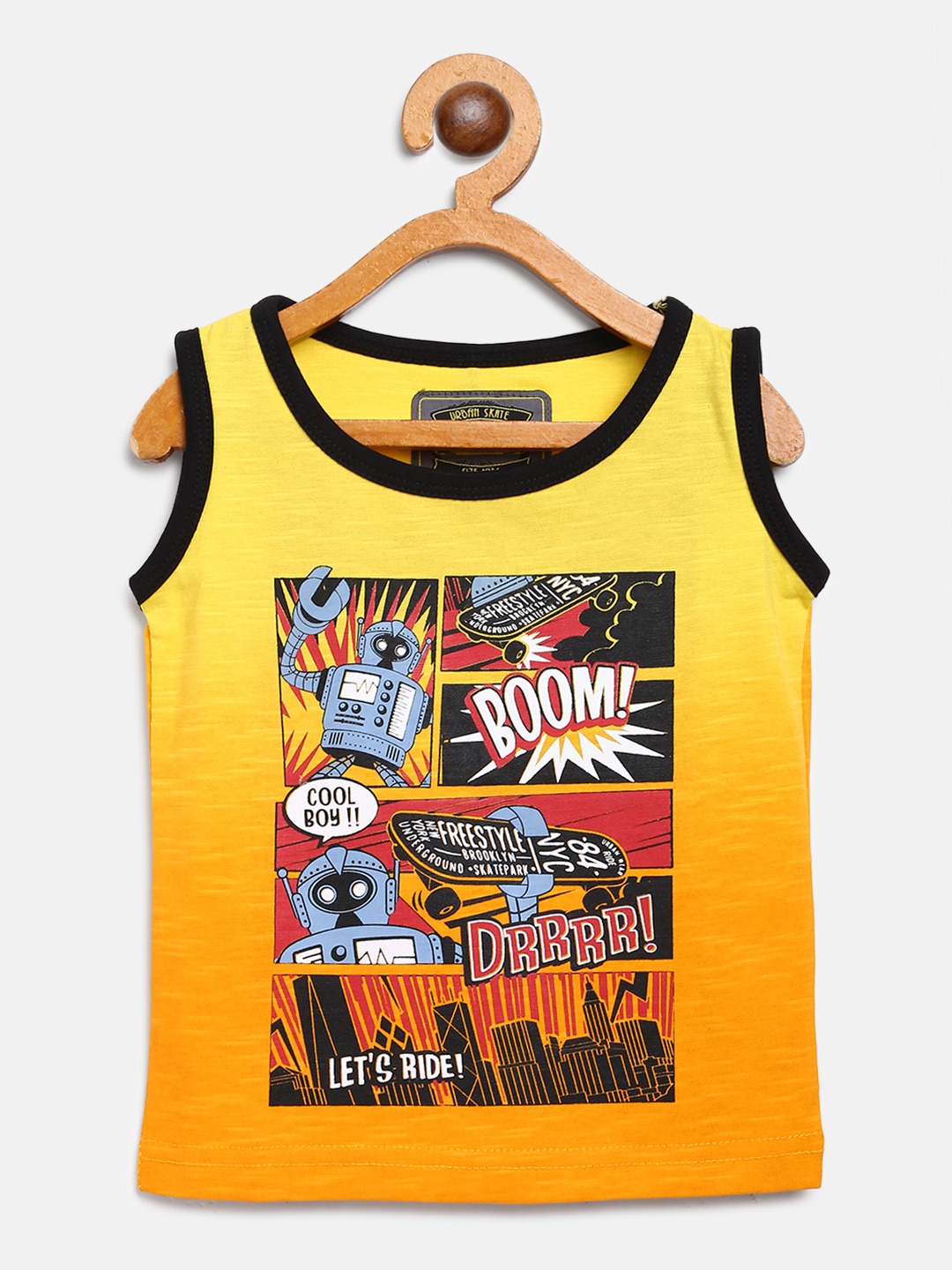 

Gini and Jony Boys Yellow Orange Printed Round Neck Pure Cotton T-shirt with Ombre Dyed Effect