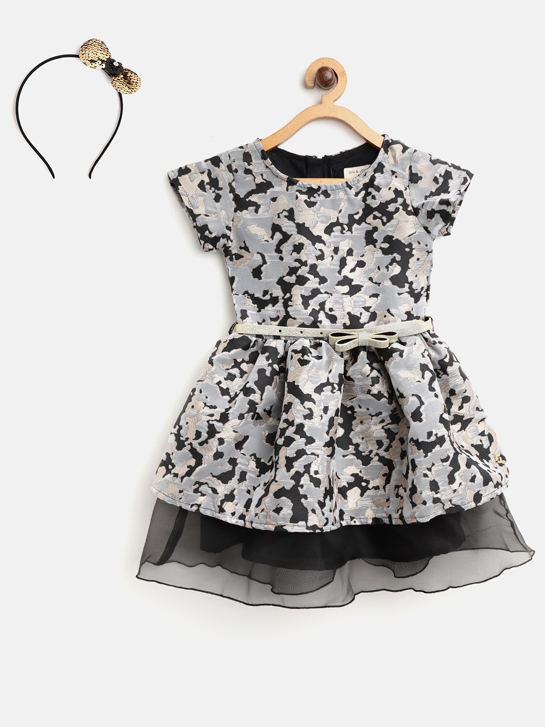 

Gini and Jony Girls Grey & Black Self-Design Fit & Flare Dress with Hairband