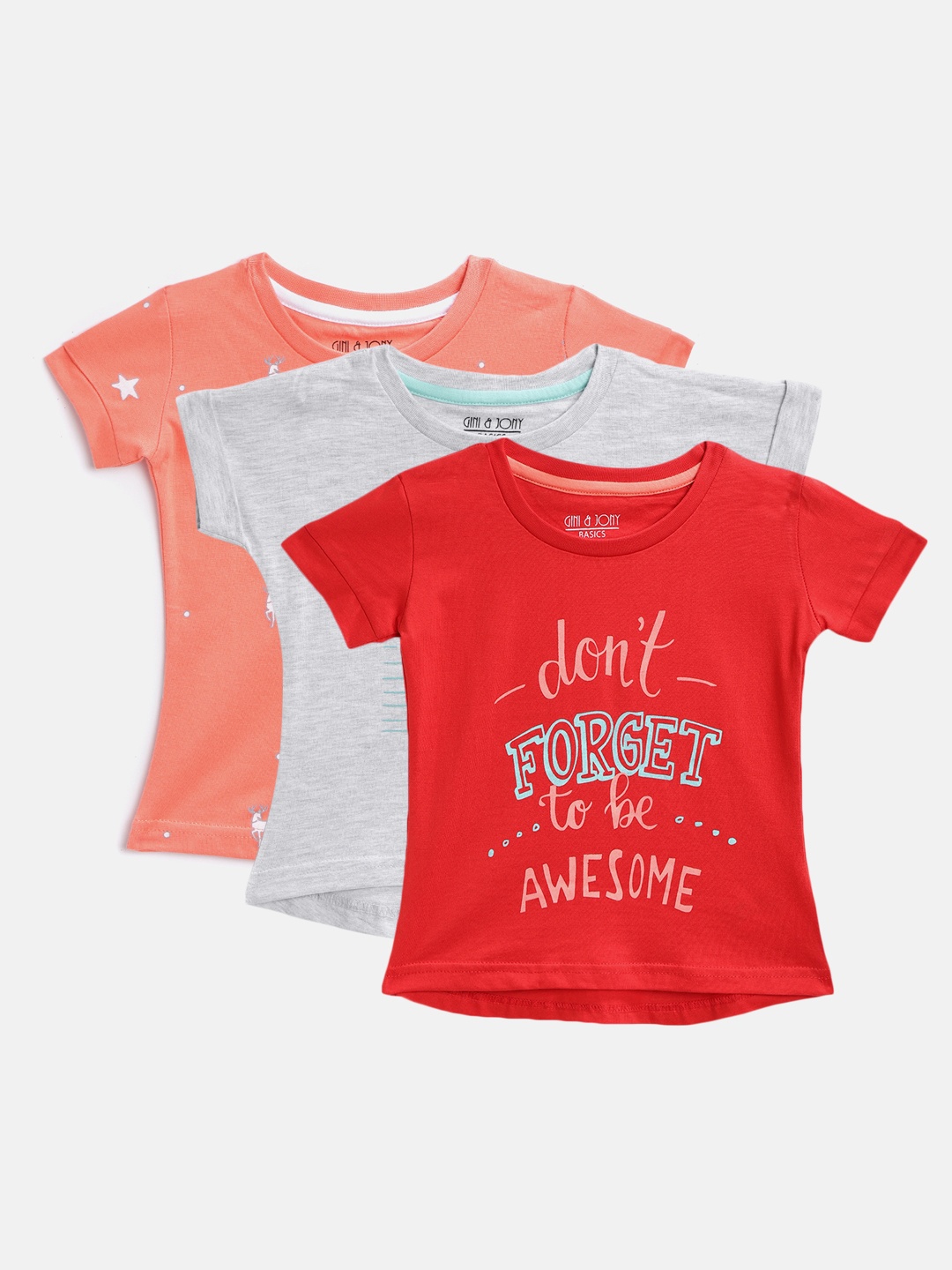 

Gini and Jony Girls Pack of 3 Printed Round Neck Pure Cotton T-shirts, Grey melange
