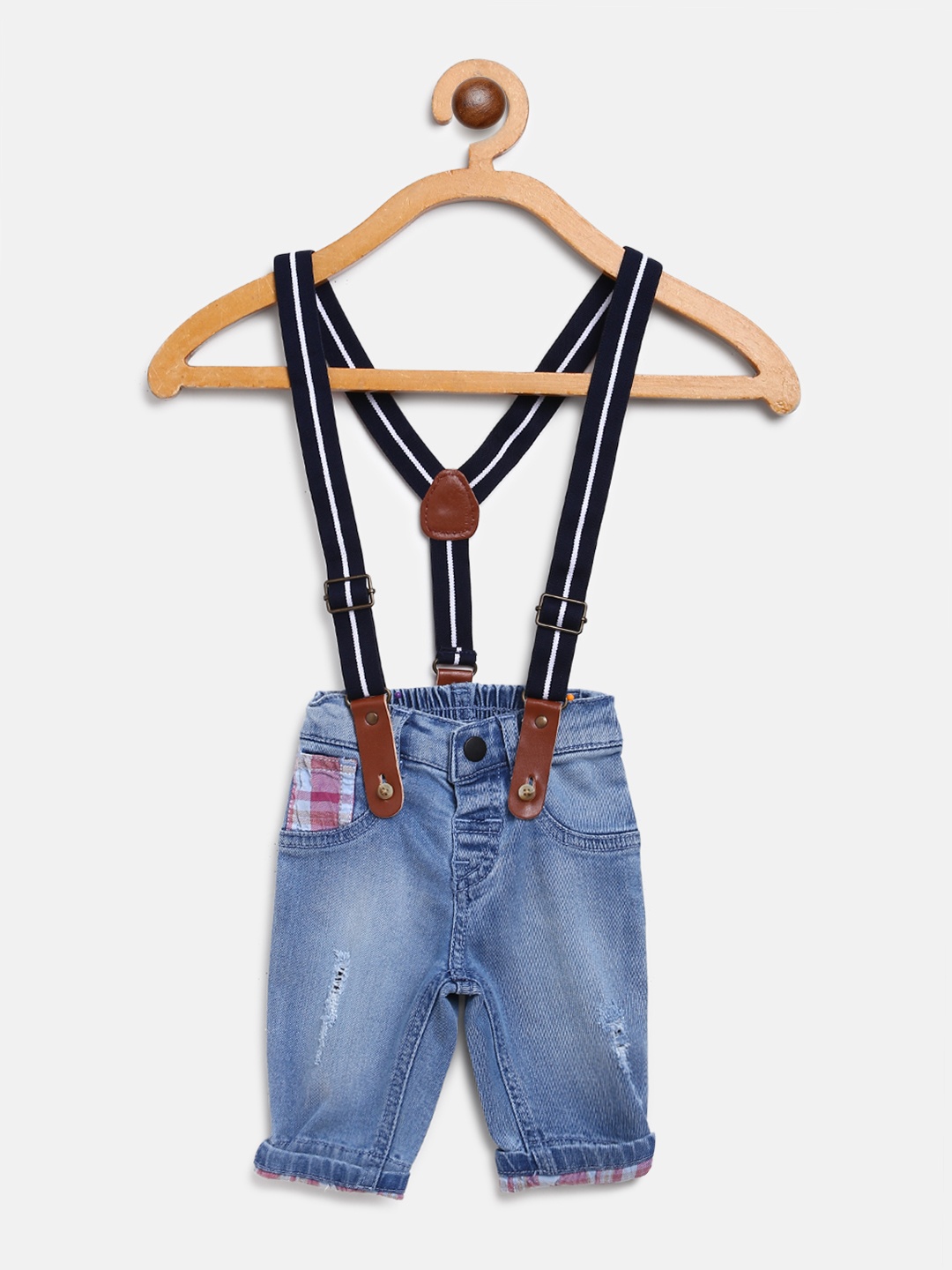 

Gini and Jony Boys Blue Mildly Distressed Stretchable Jeans with Detachable Suspenders