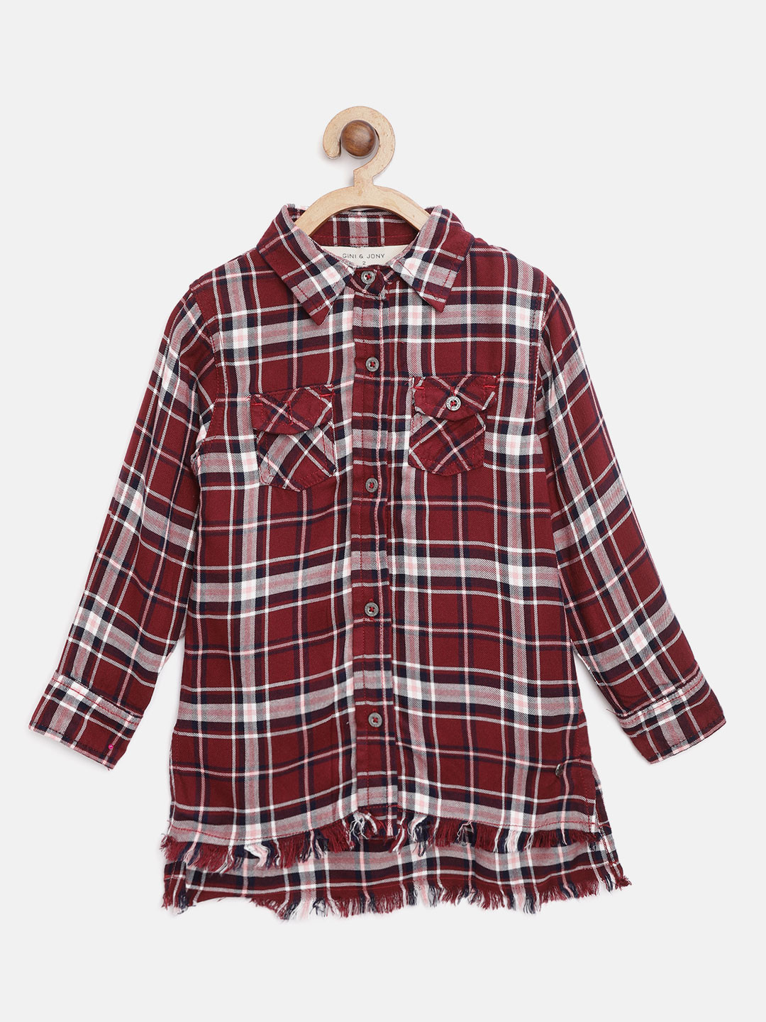 

Gini and Jony Girls Maroon & Navy Blue Regular Fit Checked Casual Shirt