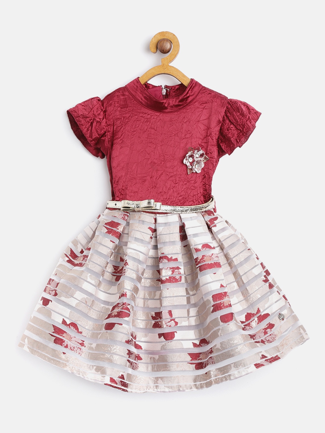 

Gini and Jony Girls Maroon & Beige Self-Striped Fit and Flare Dress with Brooch & Belt
