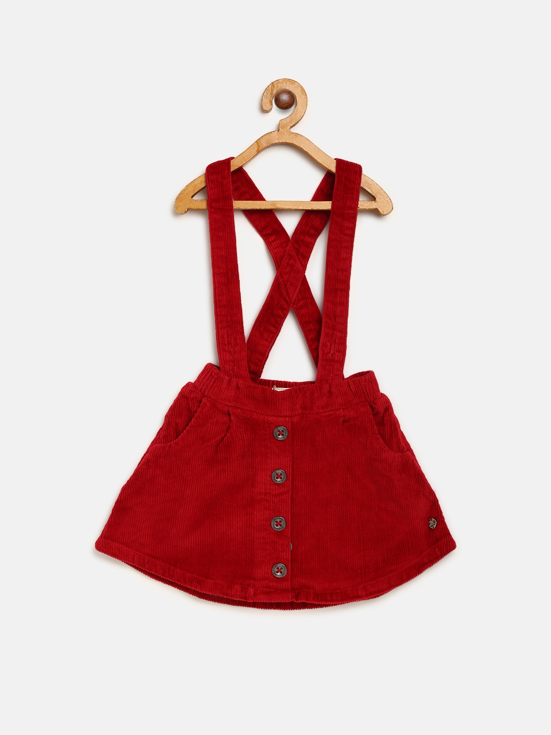 

Gini and Jony Girls Red Solid Corduroy A-Line Skirt with Attached Suspenders