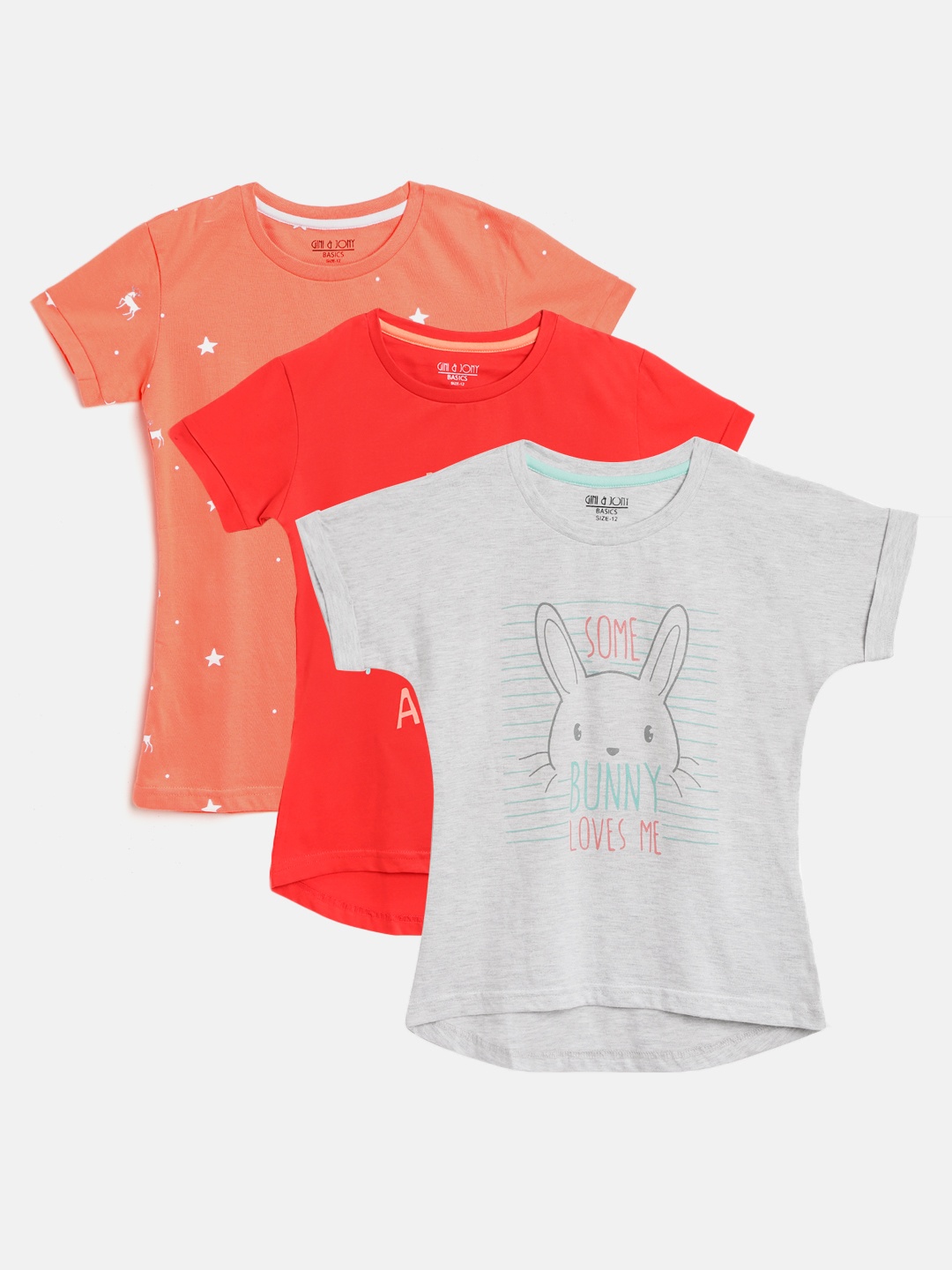 

Gini and Jony Girls Pack of 3 Pure Cotton T-shirts, Grey melange