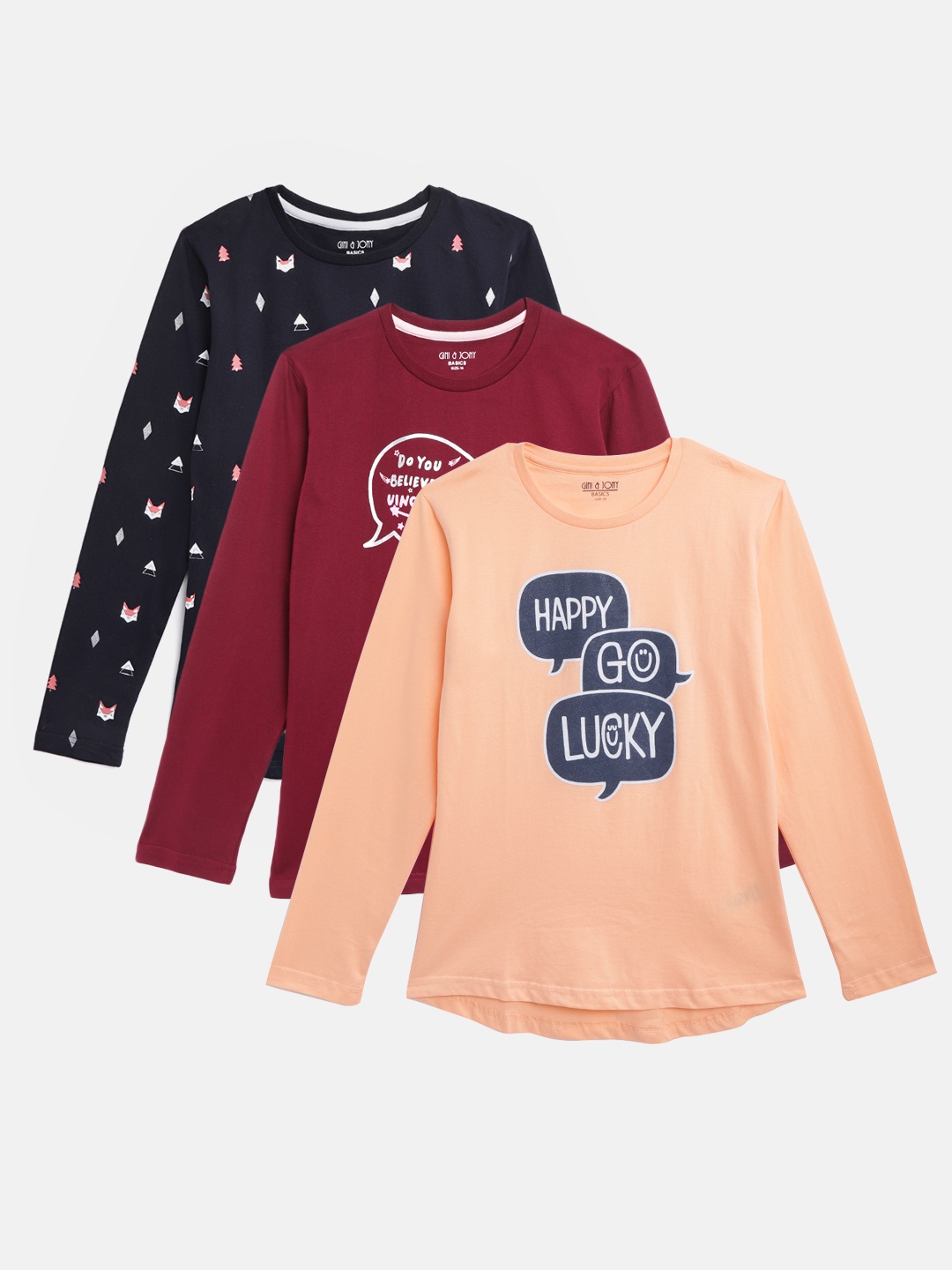 

Gini and Jony Girls Pack Of 3 Printed Pure Cotton T-shirts, Navy blue