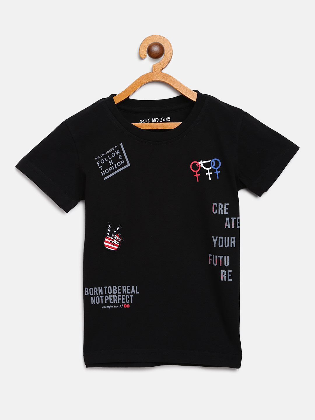 

Gini and Jony Boys Black Printed Round Neck Pure Cotton T-shirt