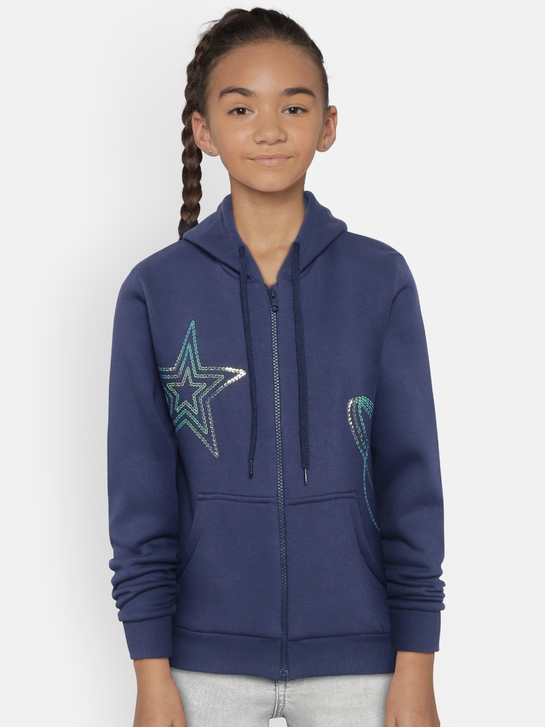 

Gini and Jony Girls Navy Blue Solid Hooded Front-Open Sweatshirt with Sequinned Detail