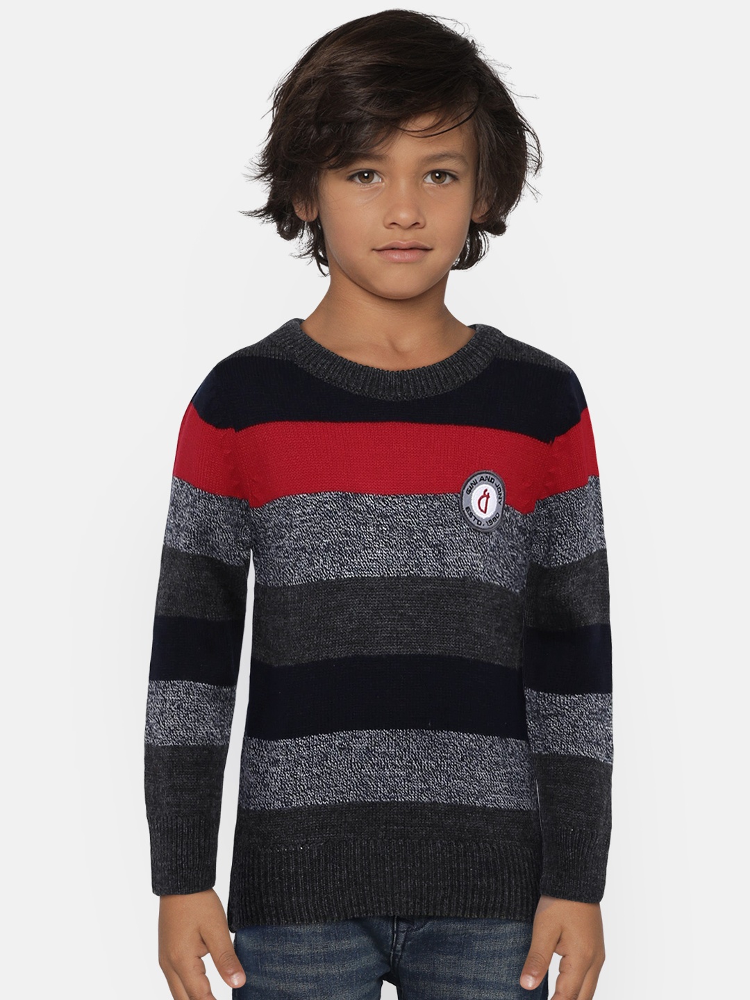 

Gini and Jony Boys Grey & Navy Blue Striped Pullover Sweater