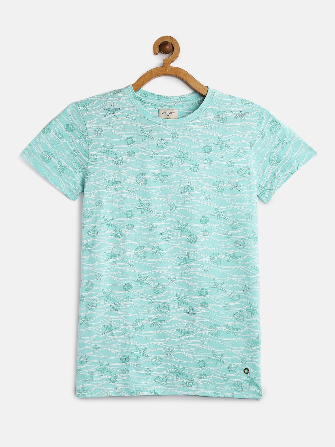 

Gini and Jony Girls Sea Green Printed Round Neck T-shirt