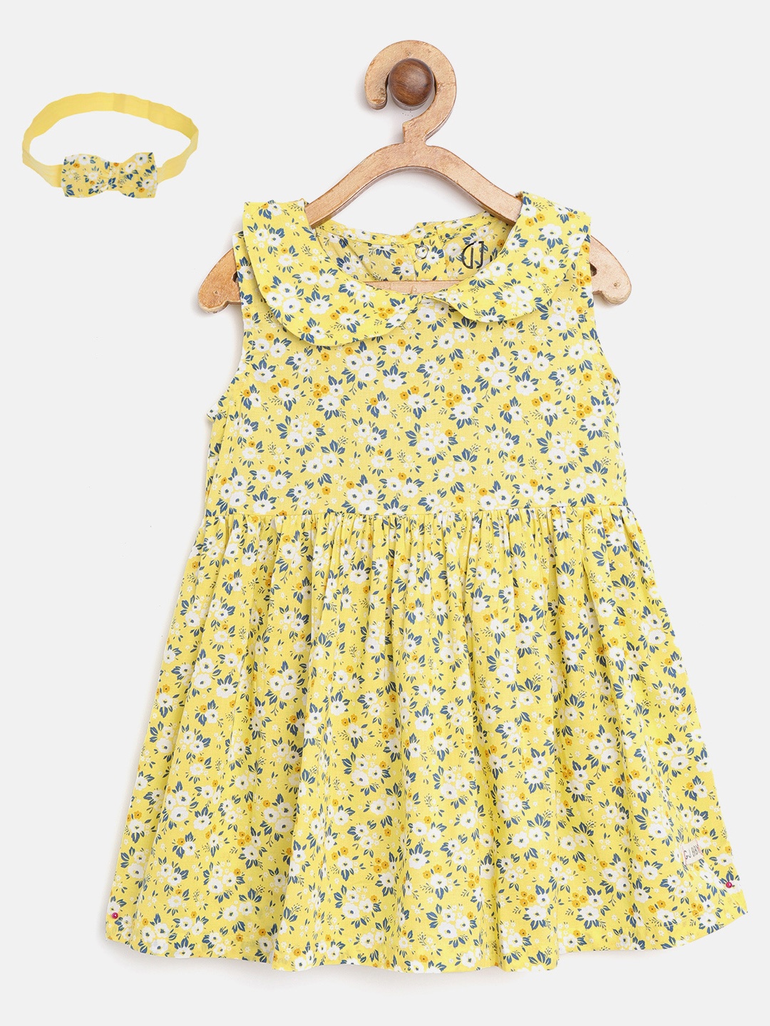 

Gini and Jony Girls Yellow Printed Fit and Flare Dress with Hairband