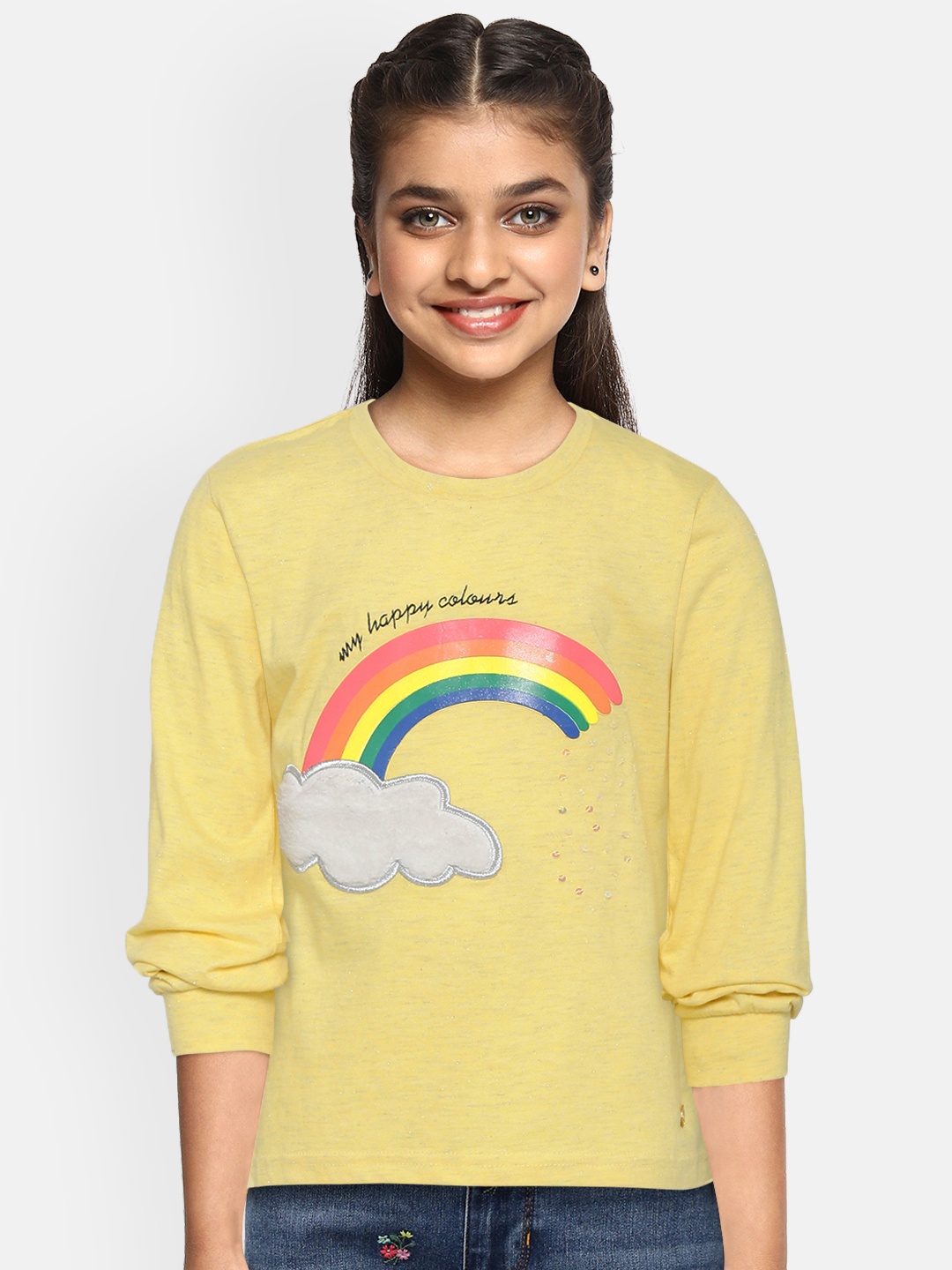 

Gini and Jony Girls Yellow Rainbow Printed Round Neck T-shirt
