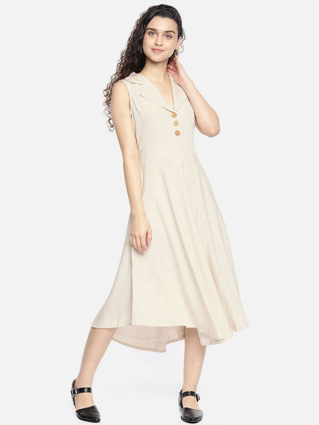 

AND Women Beige Solid A-Line Midi Dress