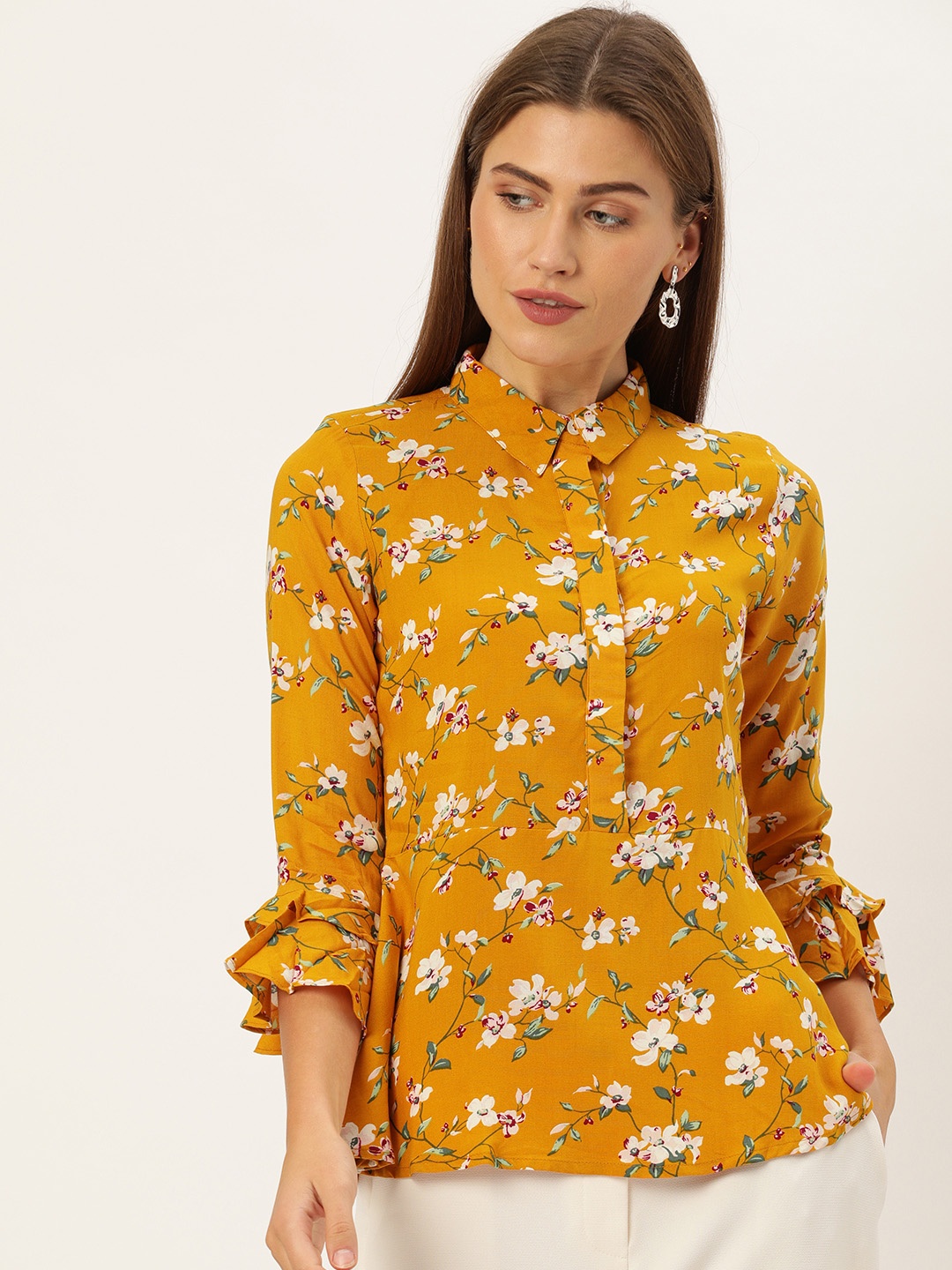 

AND Women Mustard Yellow & White Floral Printed Regular Top With Bell Sleeves