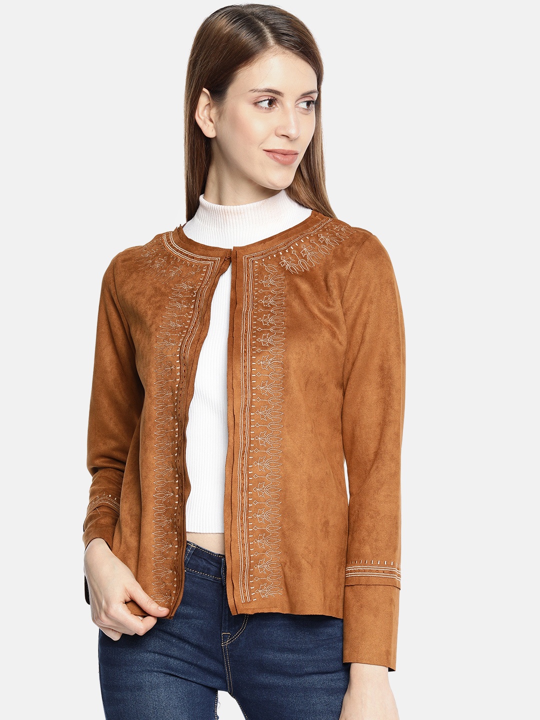 

AND Women Brown Solid Tailored Jacket With Self-Design Detail
