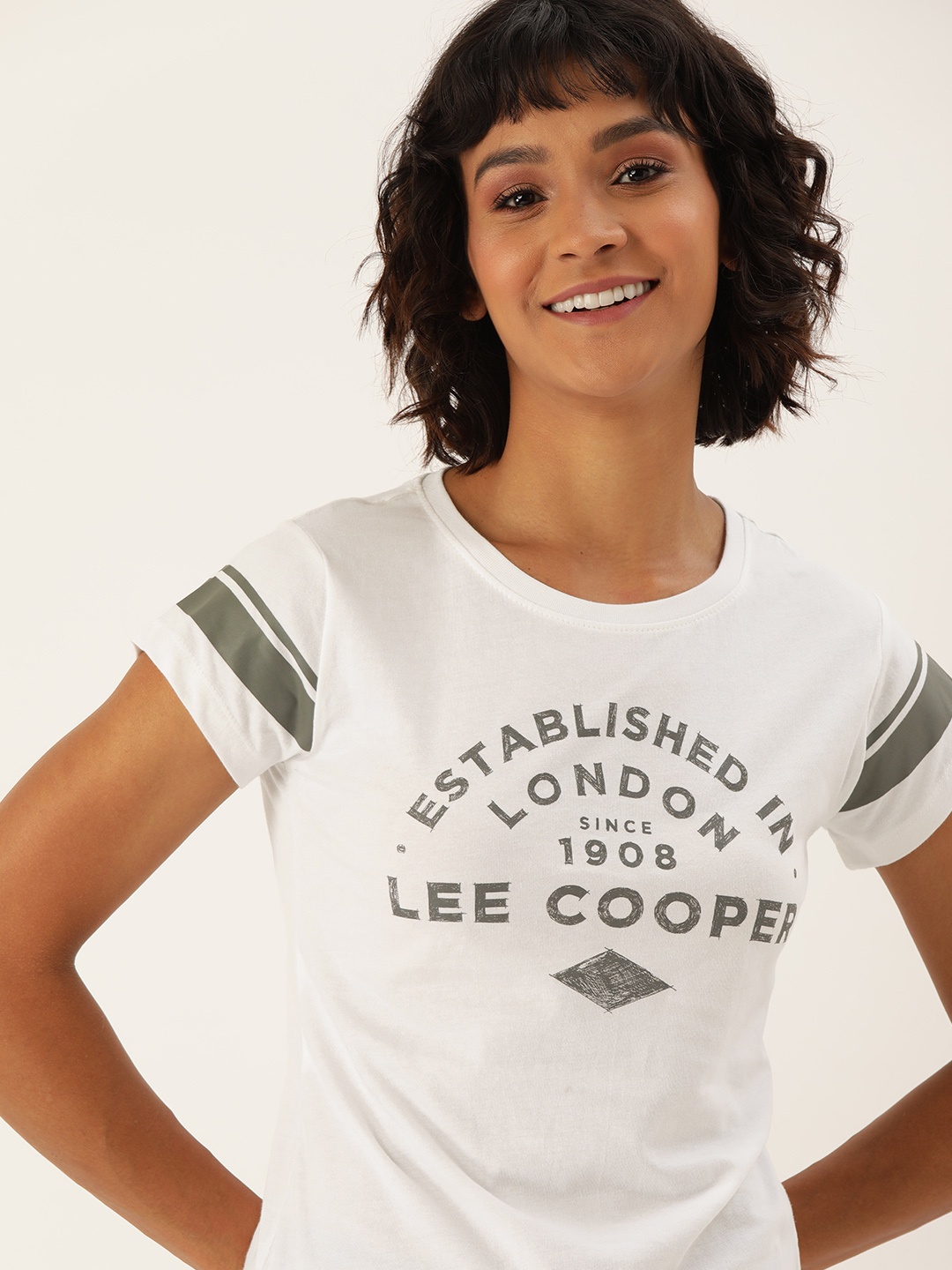 

Lee Cooper Women White Printed Round Neck Pure Cotton T-shirt