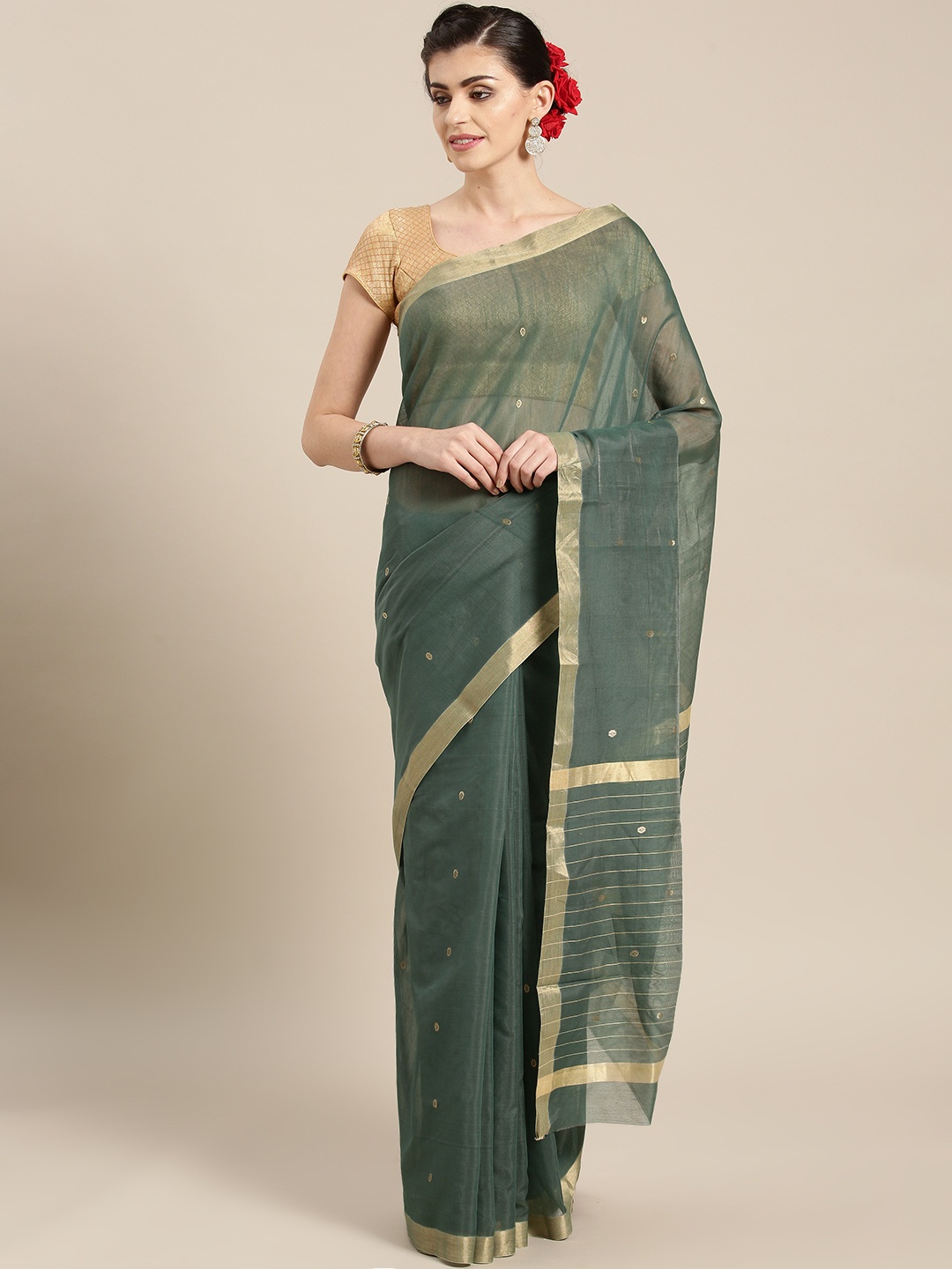 

lal10 Green & Golden Zari Handwoven Chanderi Saree