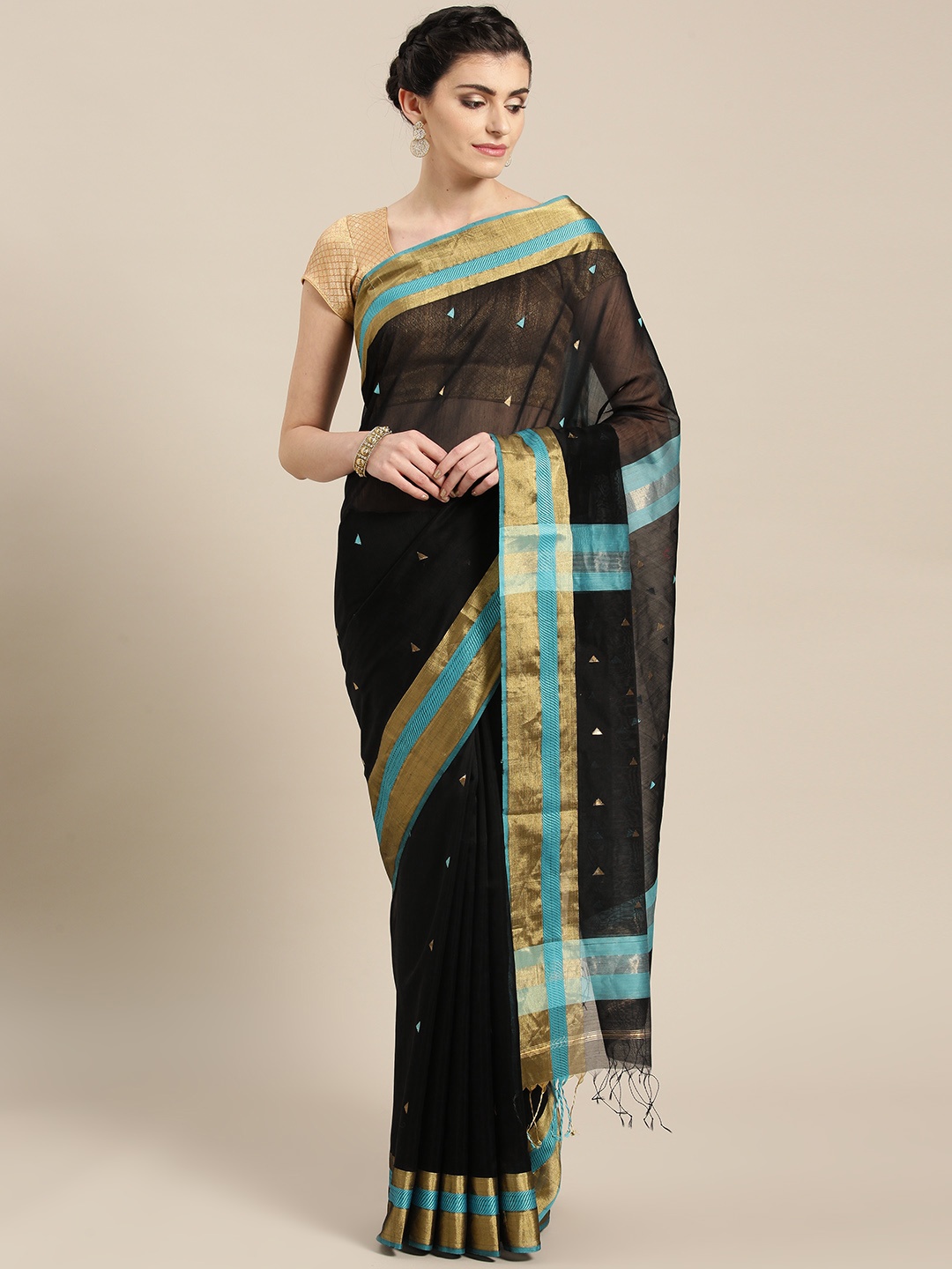 

lal10 Black & Golden Handloom Woven Design Maheshwari Saree