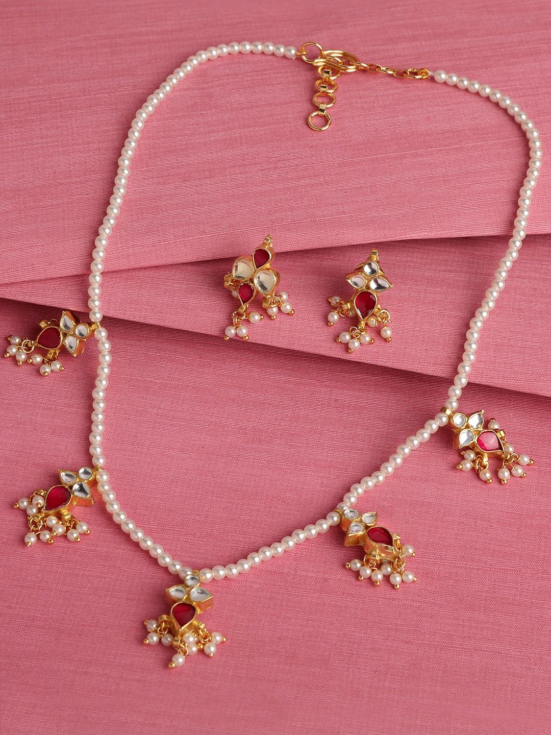 

AccessHer Rose Gold-Plated Pink Pearl & Kundan Studded Jadau Jewellery Set