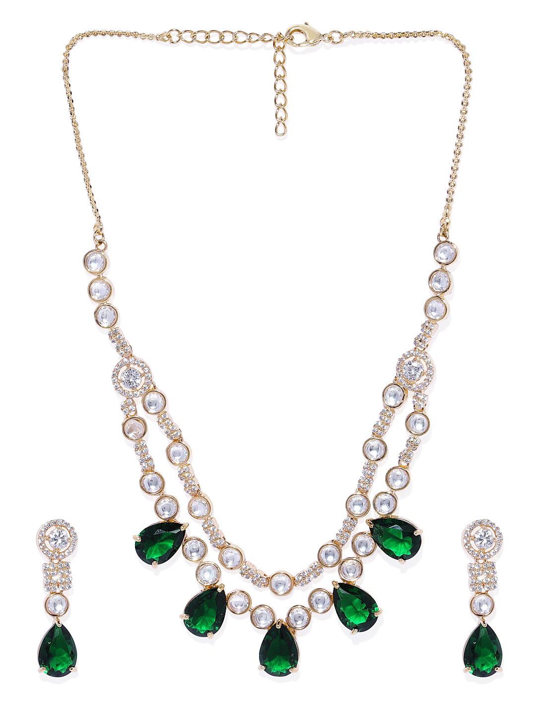 

AccessHer Rose Gold-Plated Green Handcrafted American Diamond Emerald Jewellery Set
