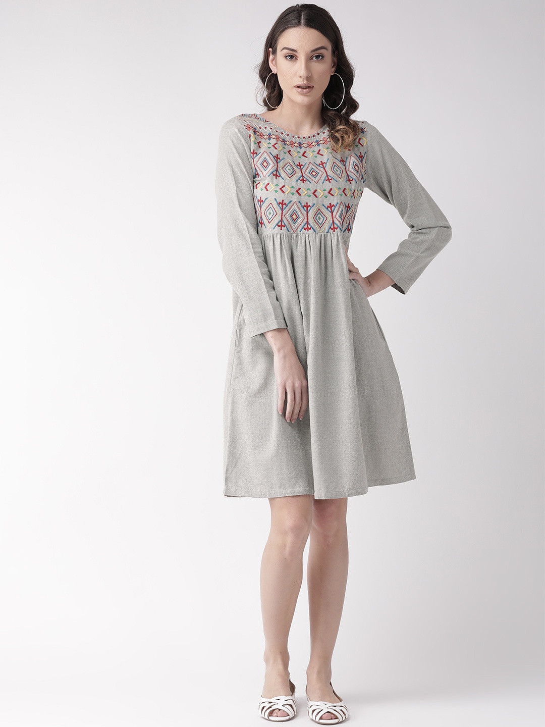 

Antheaa Women Grey Melange Embroidered A-Line Dress
