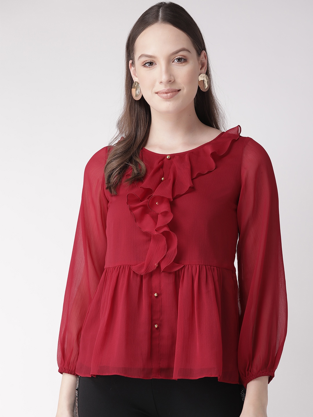 

Antheaa Women Maroon Solid Ruffled Top