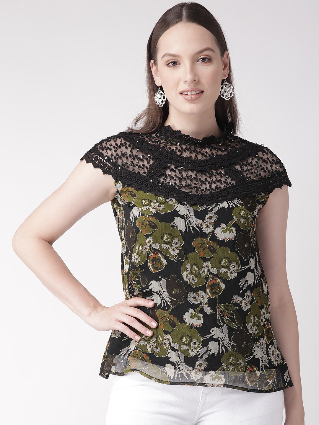 

Antheaa Women Black & Olive Green Printed A-Line Top