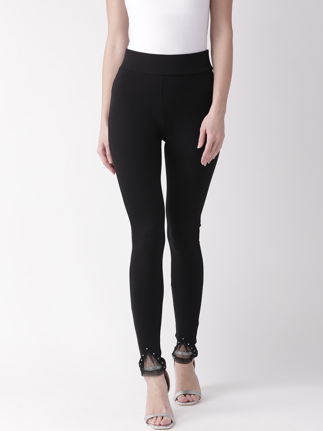 

Antheaa Women Black Embellished Hem Skinny Fit Solid Treggings