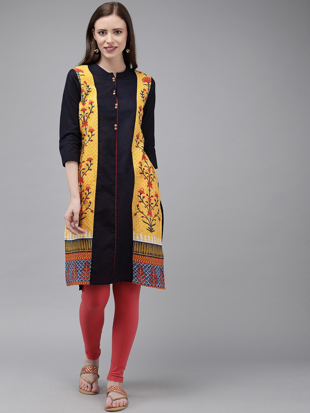 

Anouk Women Navy Blue & Pink Printed Panelled Kurta with Churidar