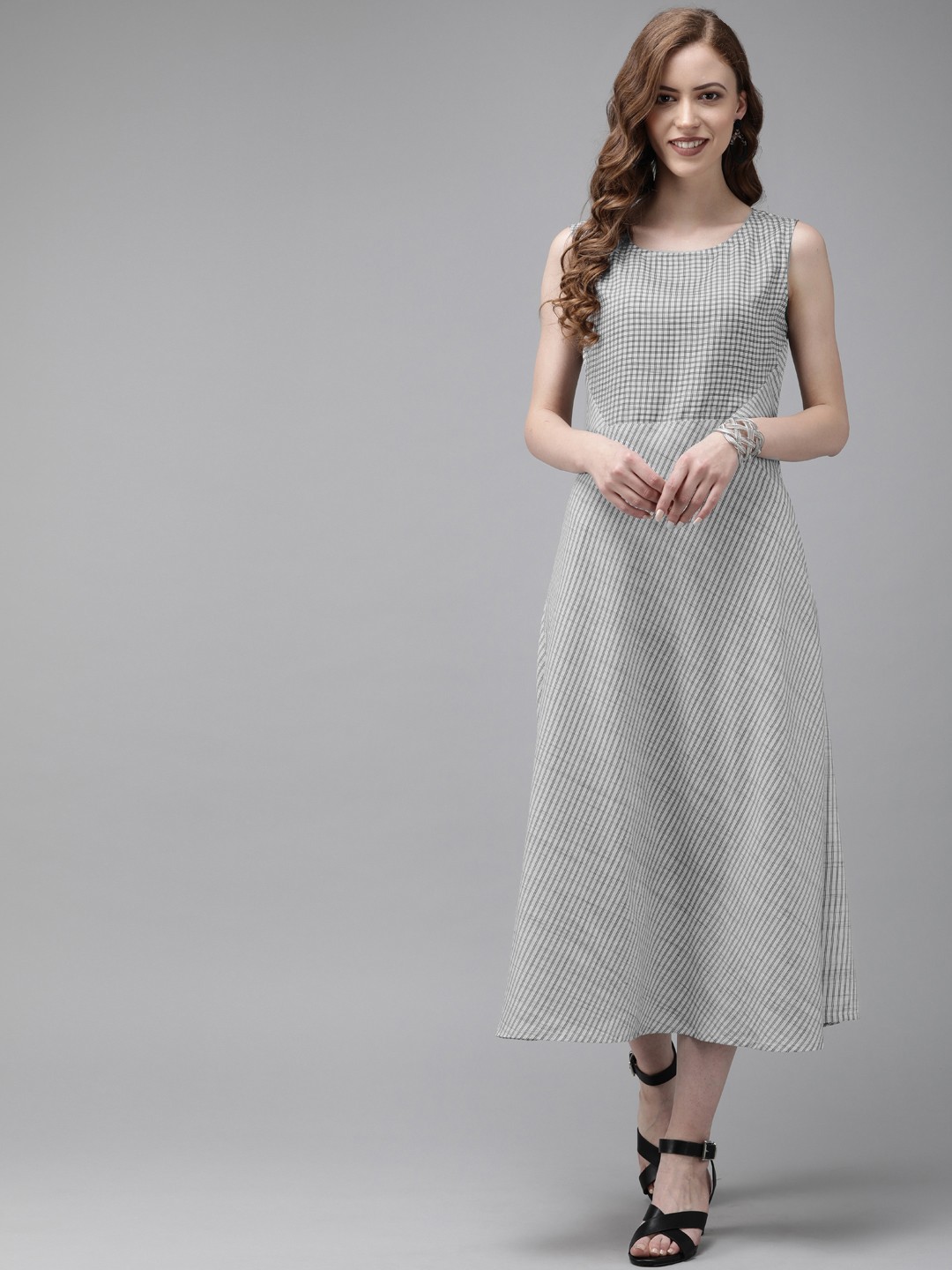 

Anouk Women Off-White & Black Striped A-Line Kurta