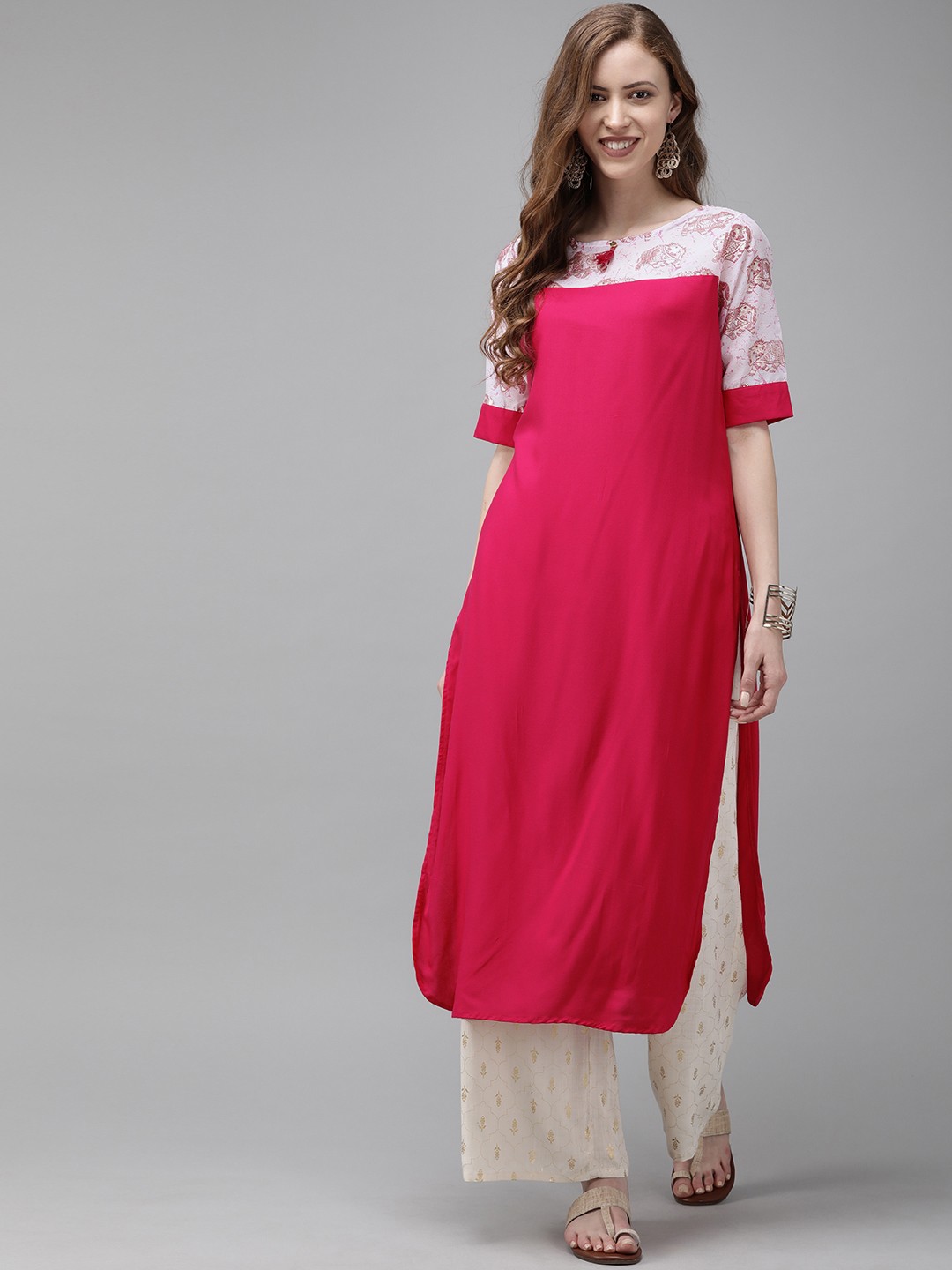 

Anouk Women Pink Solid Straight Kurta With Printed Detailing