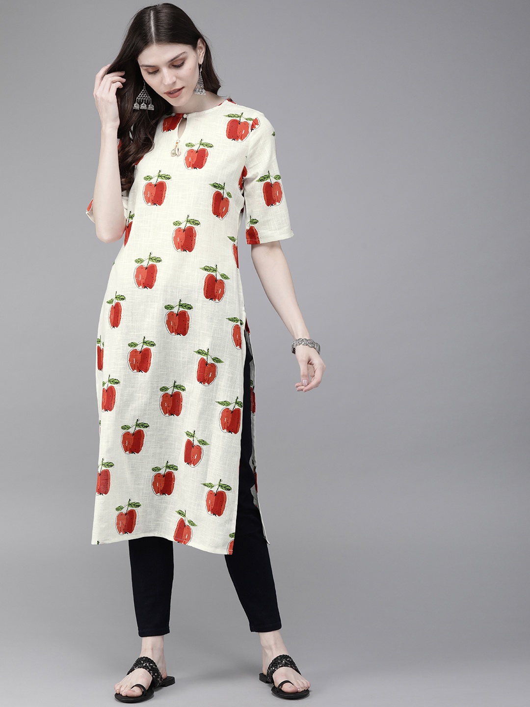 

Anouk Women White & Red Printed Straight Kurta