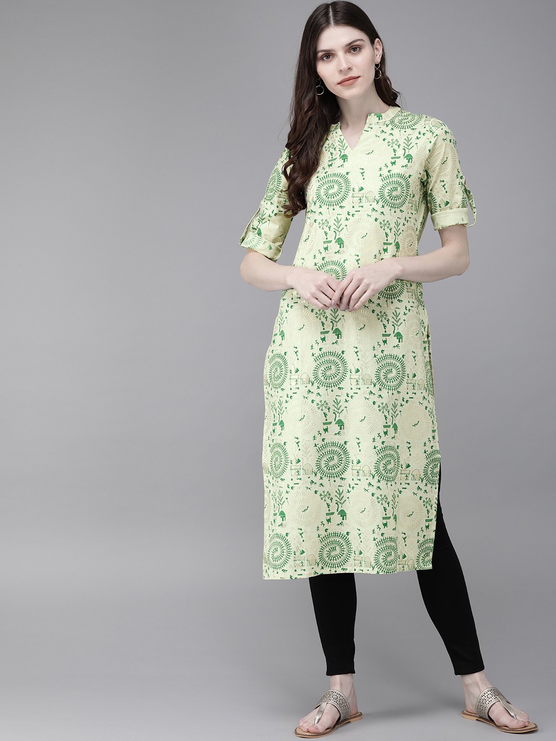 

Anouk Women Off-White & Green Printed Straight Kurta