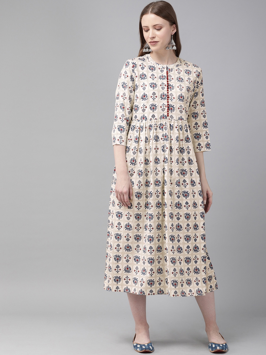 

Anouk Women Off-White & Blue Printed A-Line Midi Fusion Dress