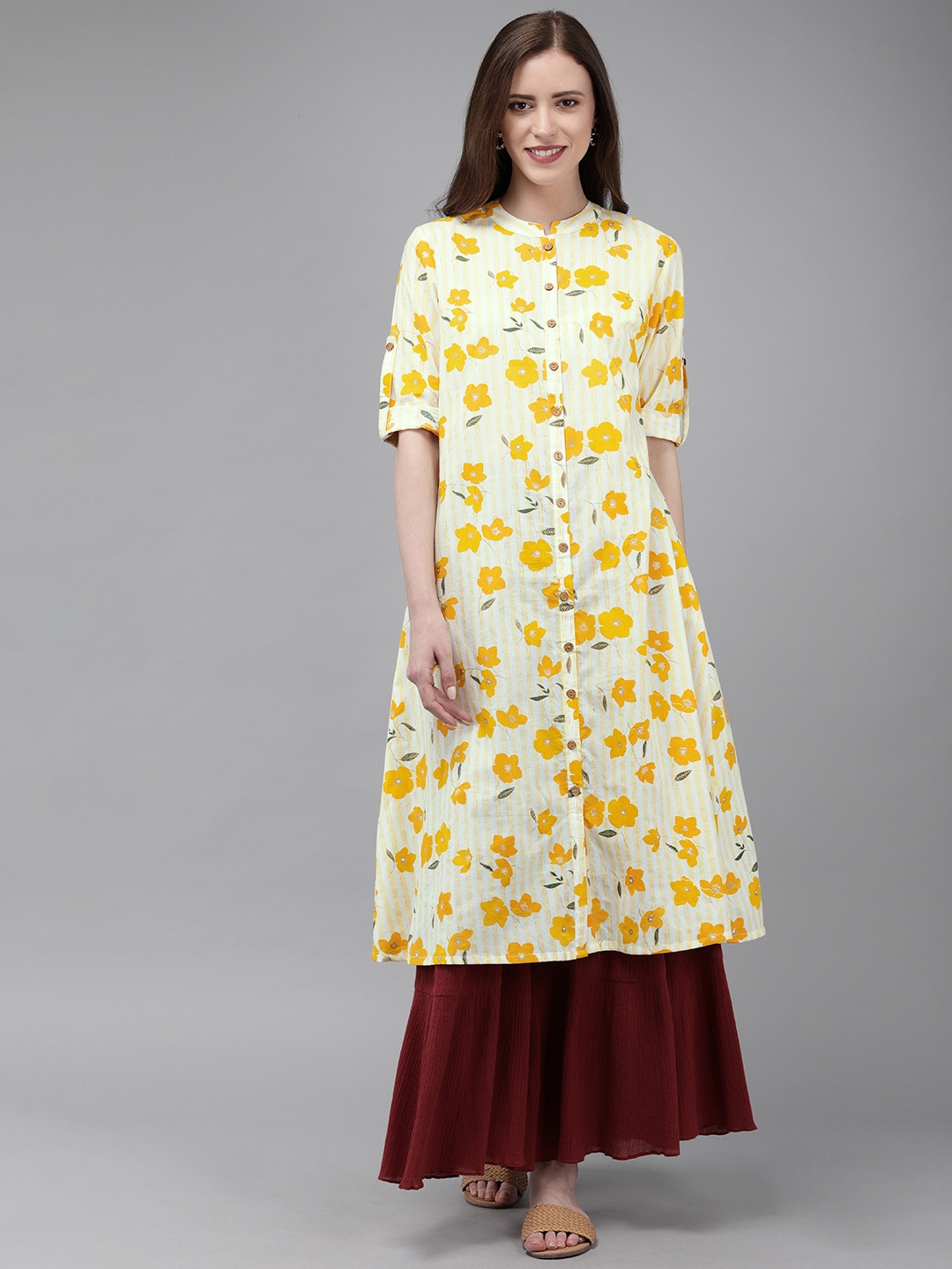 

Anouk Women White & Yellow Printed A-Line Kurta