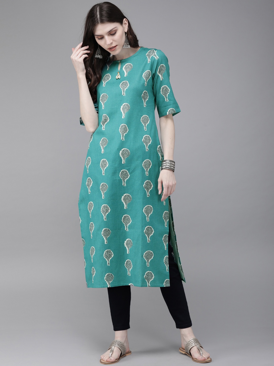 

Anouk Women Turquoise Blue & Grey Printed Straight Kurta