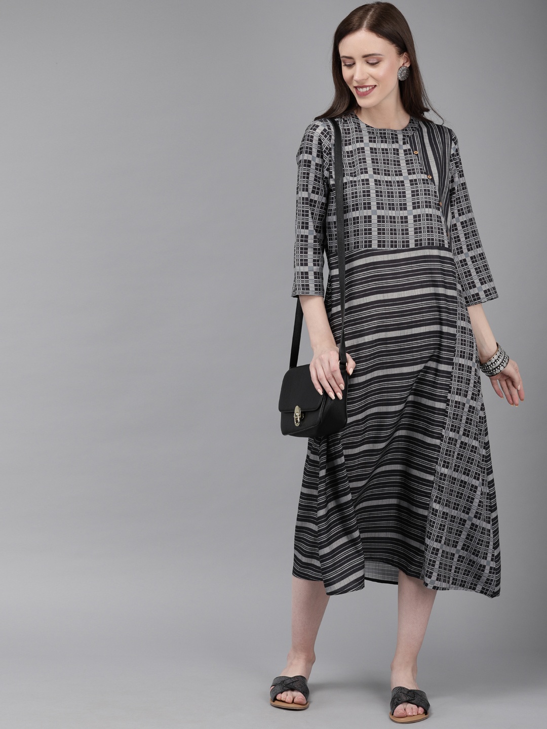 

Anouk Women Black & Grey Striped A-Line Fusion Kurta