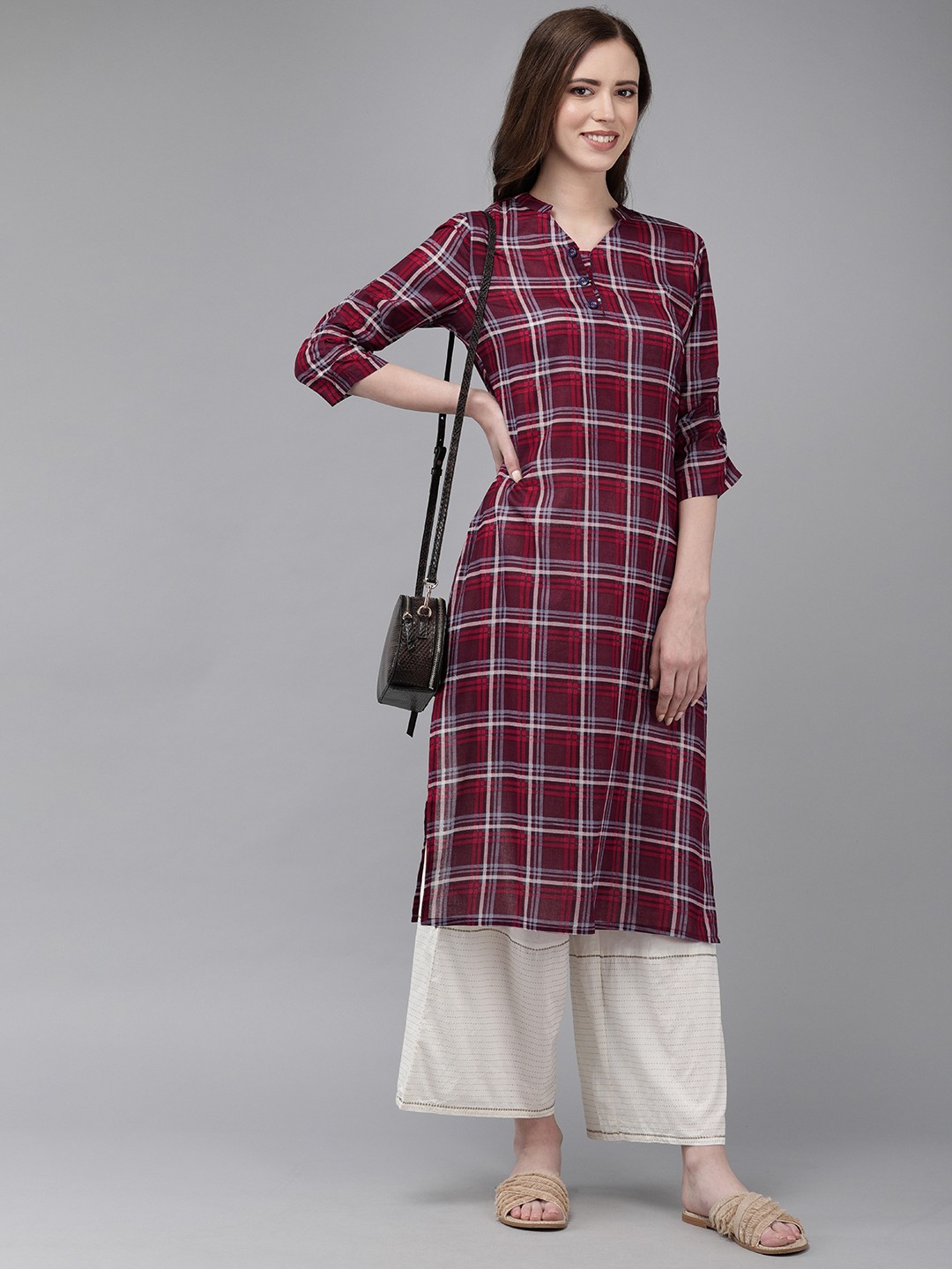 

Anouk Women Burgundy & Blue Checked Straight Kurta