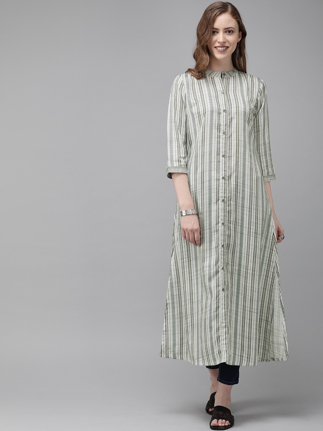

Anouk Women Off-White & Grey Striped A-Line Kurta