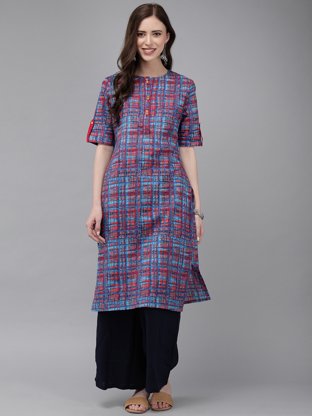 

Anouk Women Blue & Maroon Printed Straight Kurta