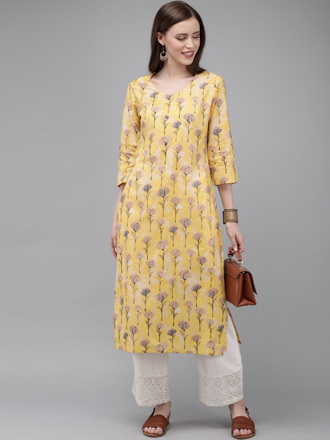 

Anouk Women Yellow & Pink Printed Straight Kurta