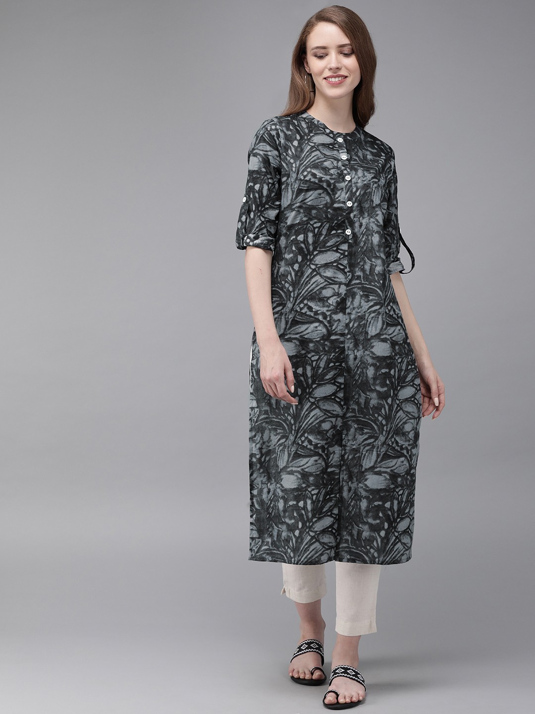 

Anouk Women Grey Printed Straight Kurta