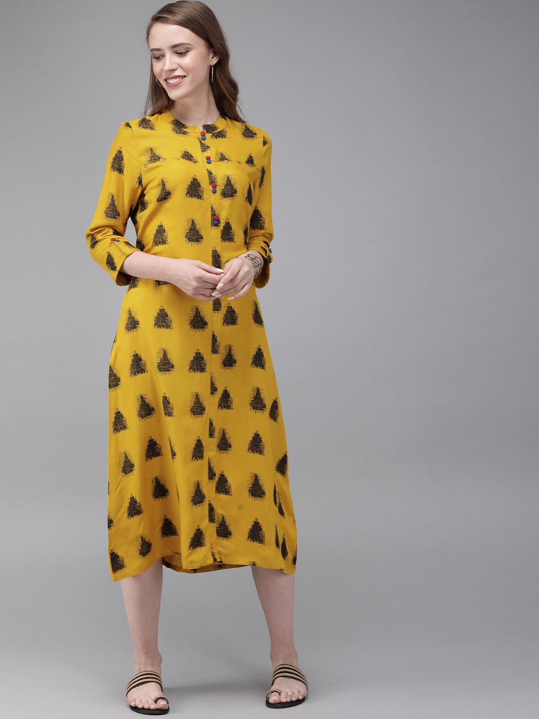 

Anouk Women Mustard Yellow Printed A-Line Kurta