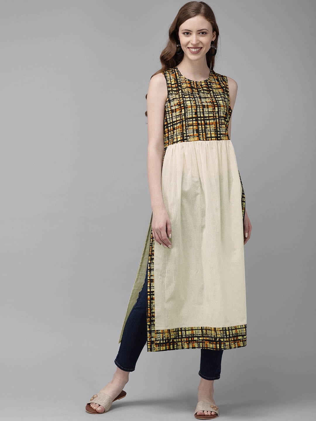 

Anouk Women Off-White & Navy Blue Solid A-Line Kurta With Printed Detailing