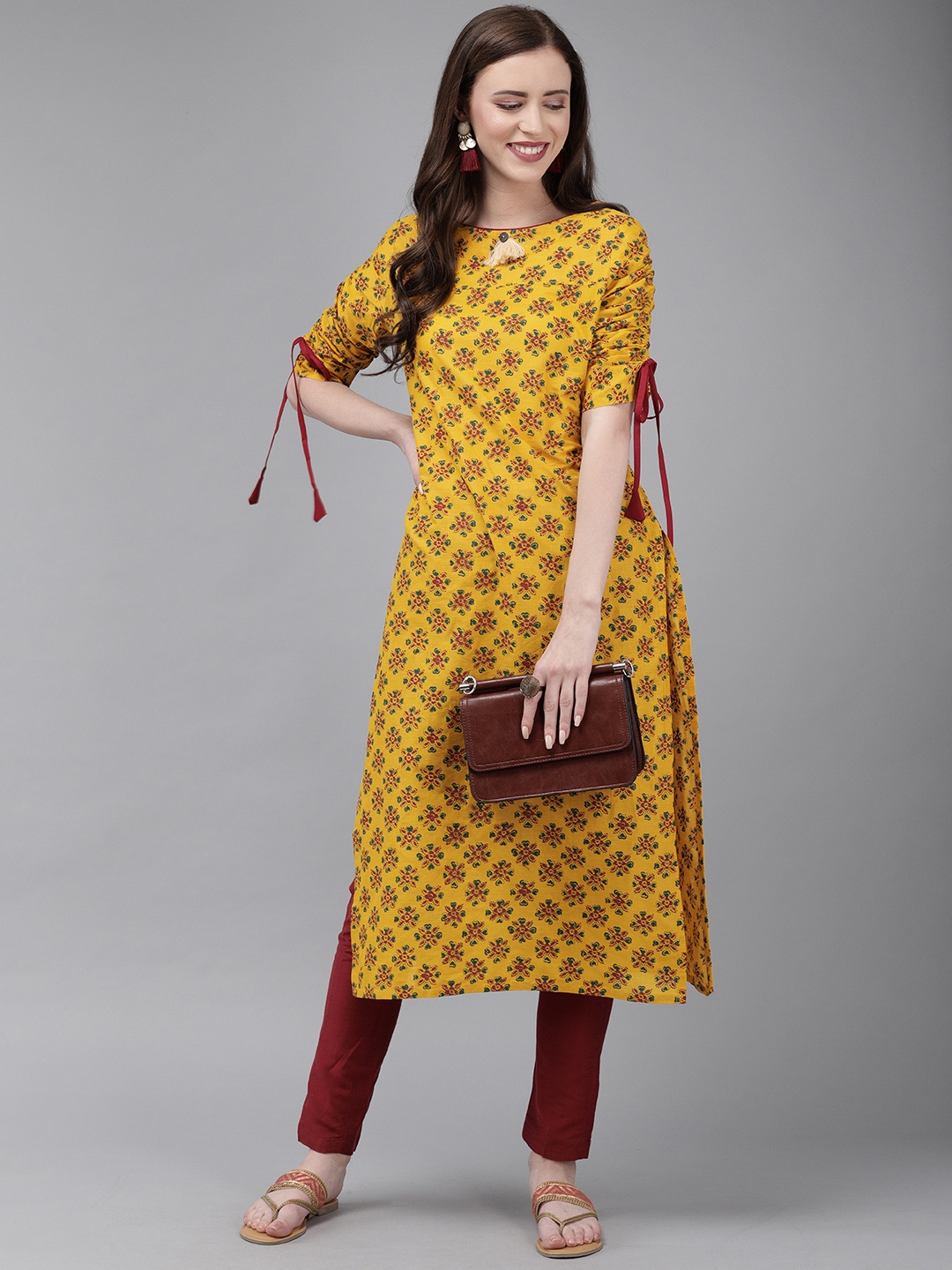 

Anouk Women Mustard Yellow & Maroon Printed Straight Kurta