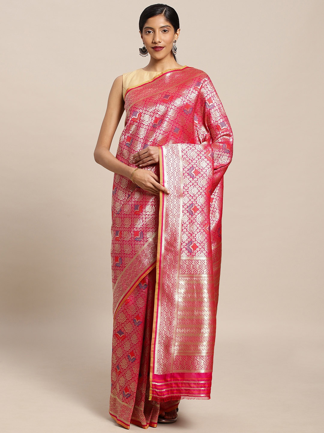 

Mitera Pink Silk Blend Woven Design Kanjeevaram Saree